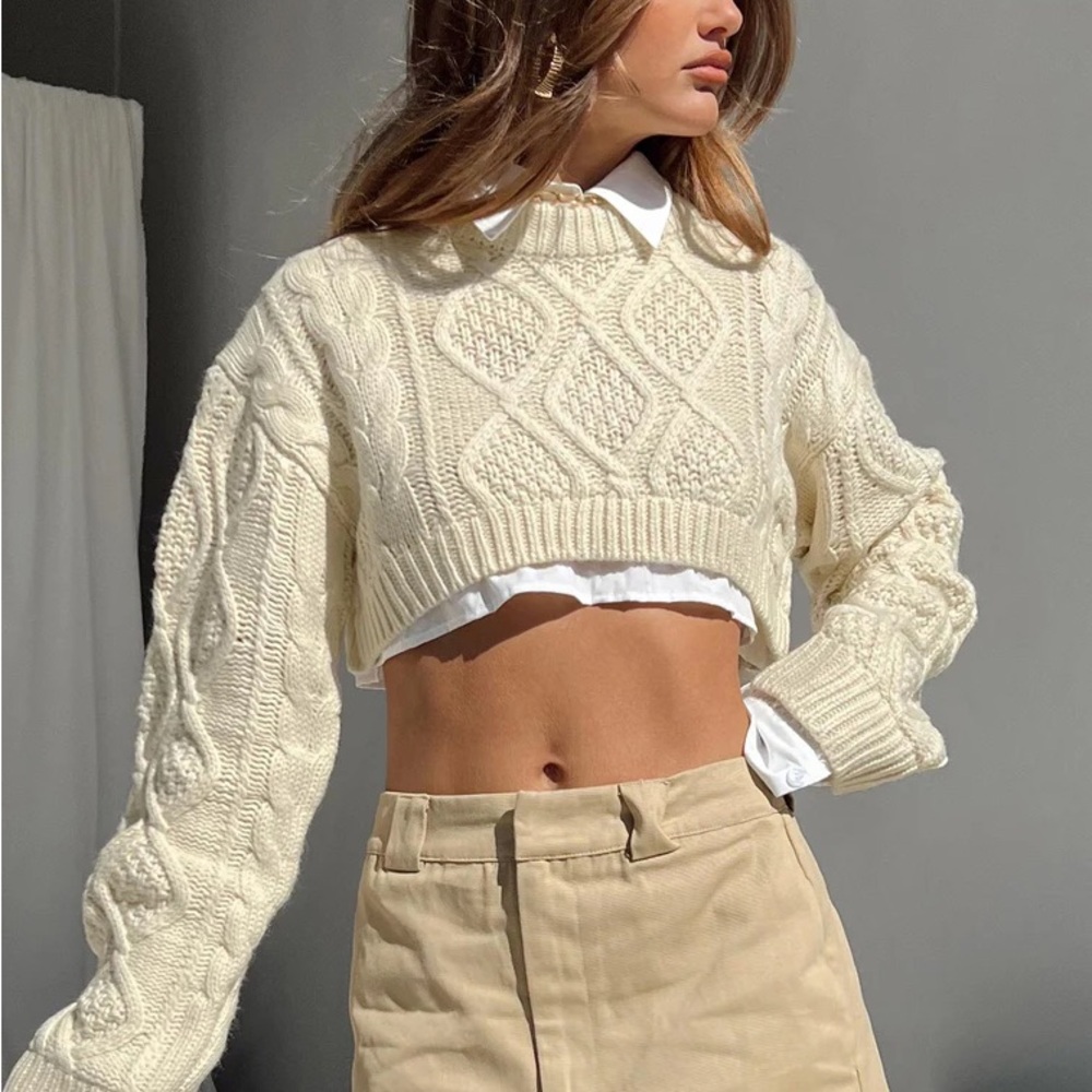 Cream Cable Knit Cropped Sweater